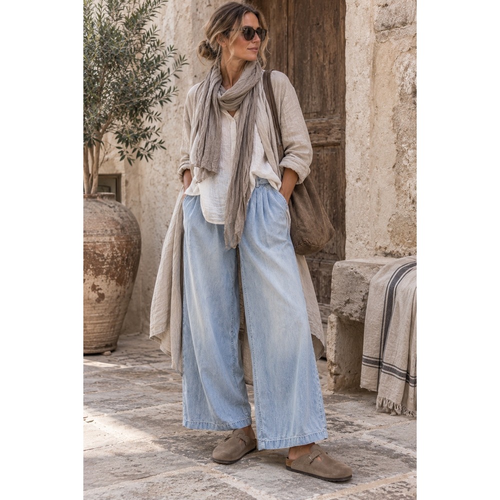 We The Free Free People Light Wash Wide Leg Pleated Jeans XS Lagenlook Coastal